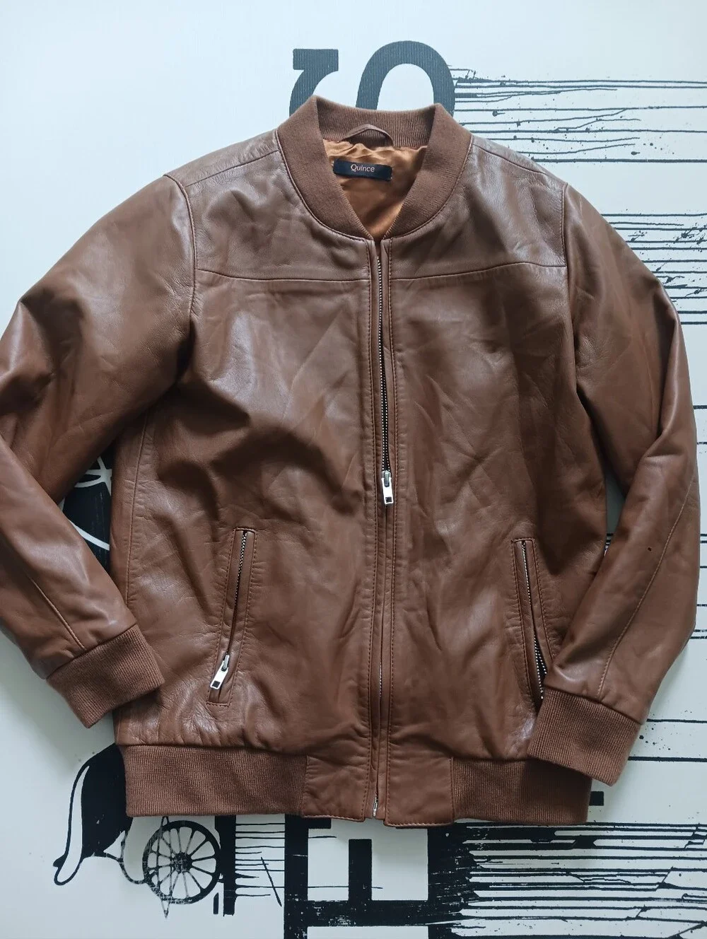 Quince Sheep Genuine Leather Cognac Bomber Jacket Size 12